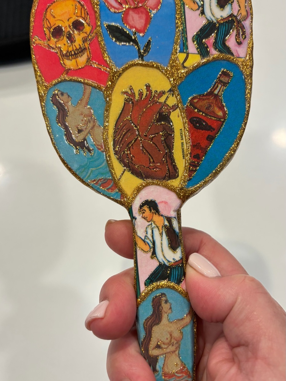 Hand-Painted Folk Art Skull Heart Mermaid Hand Mirror 8 Inch - Picture 1 of 5